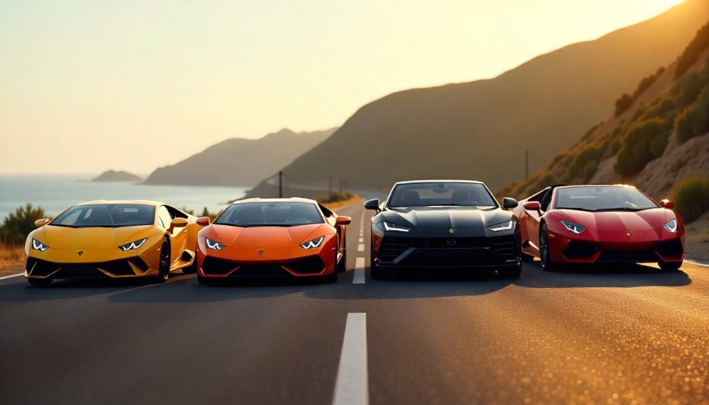 Hyper-realistic photo of four Lamborghini cars in different models and colors on a coastal road at sunset