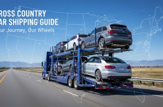 Car carrier truck transporting vehicles on a highway, USA map overlay