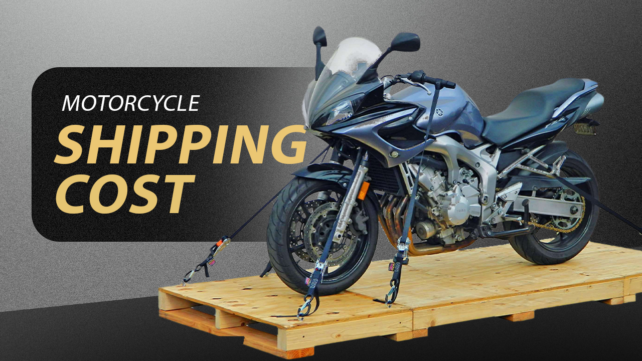 Motorcycle on pallet with SHIPPING COST text.