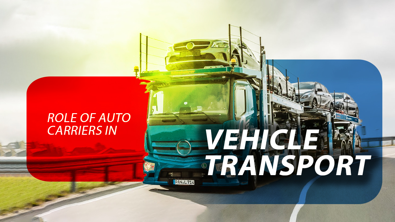Auto carrier truck transports multiple cars on a highway.