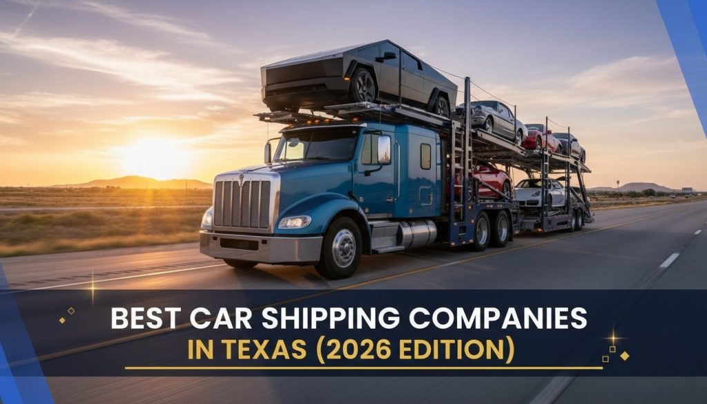 Realistic car hauler truck transporting vehicles on a Texas highway at sunrise with bold magazine header: Best Car Shipping Companies in Texas (2026 Edition)