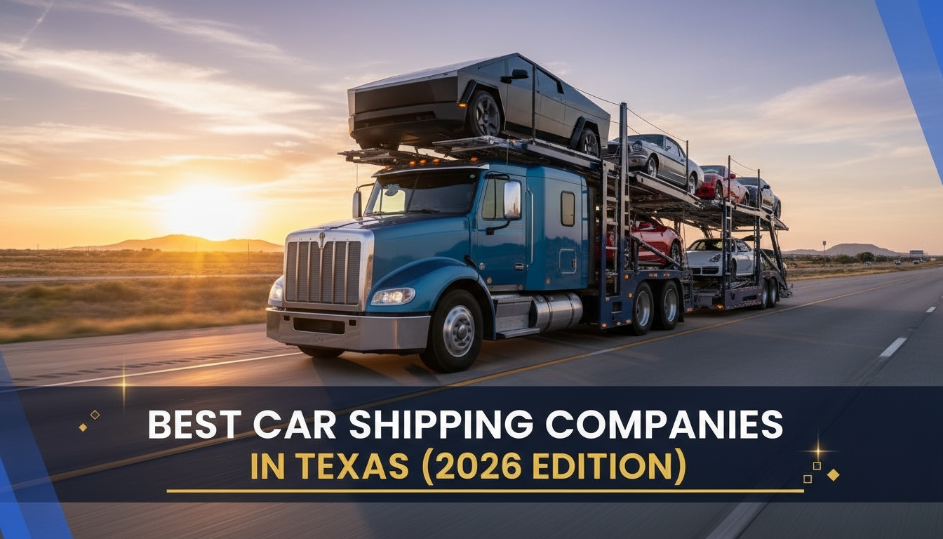 Realistic car hauler truck transporting vehicles on a Texas highway at sunrise with bold magazine header: Best Car Shipping Companies in Texas (2026 Edition)