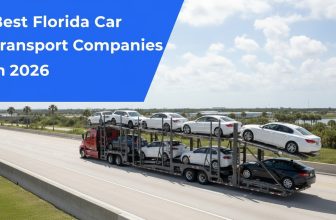 Realistic car carrier transporting vehicles in Florida with title "Best Florida Car Transport Companies in 2026" displayed in bold text