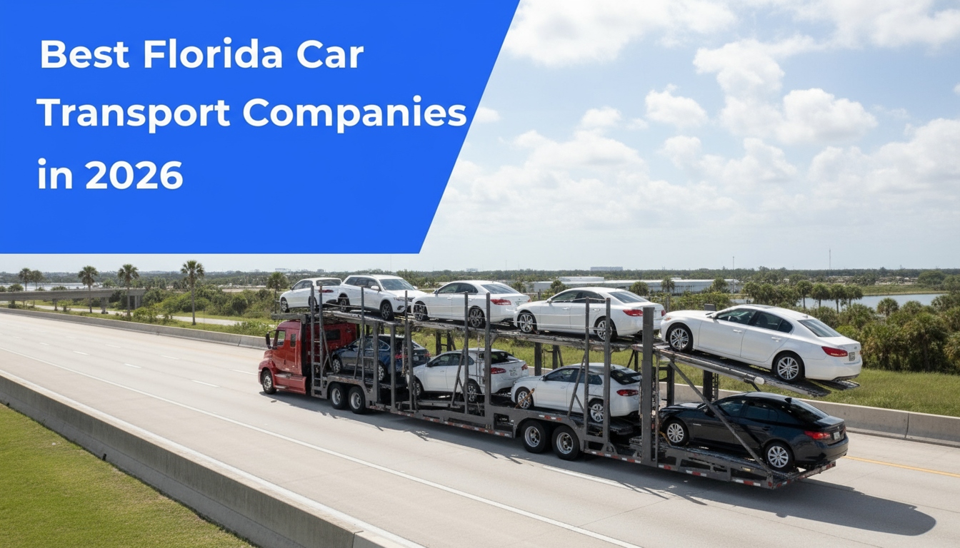 Realistic car carrier transporting vehicles in Florida with title "Best Florida Car Transport Companies in 2026" displayed in bold text