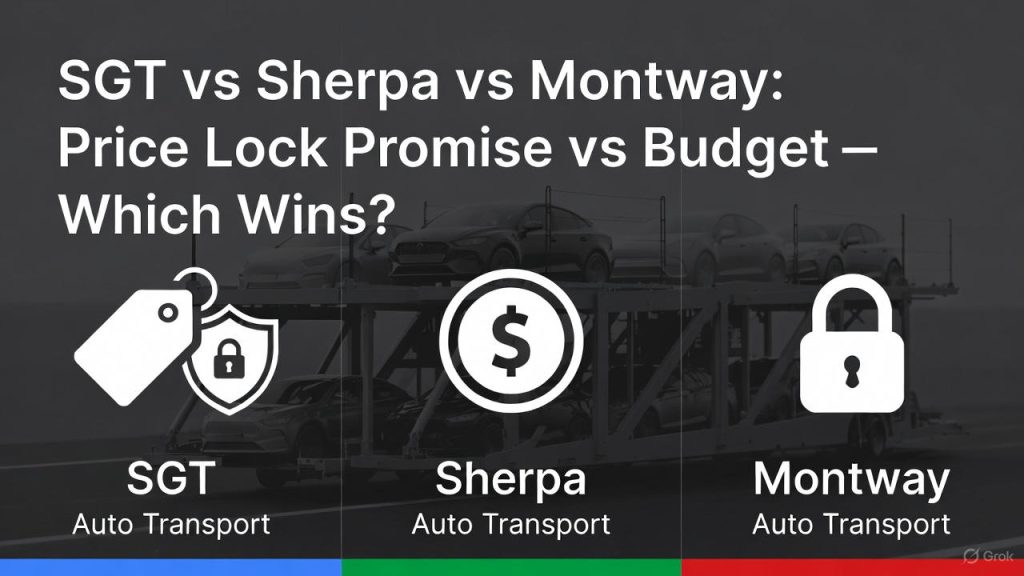 SGT vs Sherpa vs Montway auto transport comparison highlighting price lock promise and budget pricing differences, featuring logos for each company and icons for price and security.