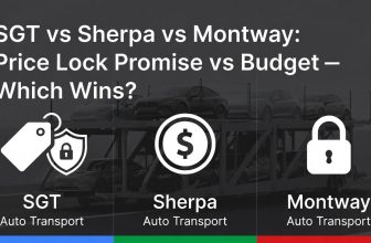 SGT vs Sherpa vs Montway auto transport comparison highlighting price lock promise and budget pricing differences, featuring logos for each company and icons for price and security.