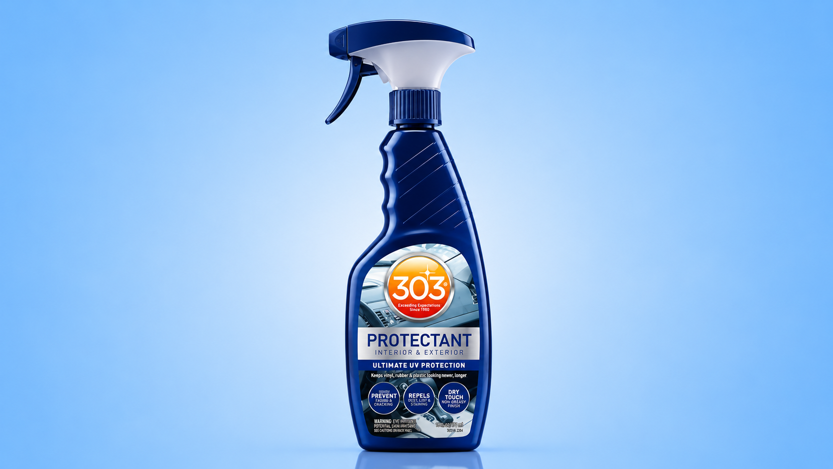 A bottle of 303 Protectant ultimate UV protection spray for interior and exterior use against a blue background.