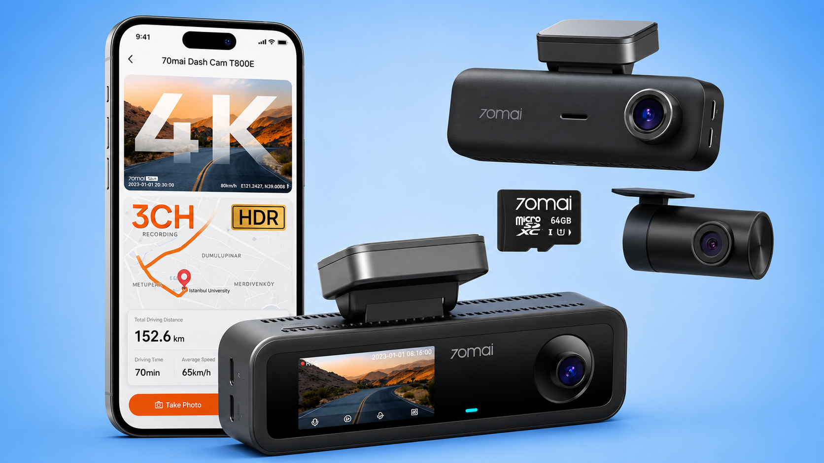 A 70mai 4K dash cam kit with cameras, a memory card, and a smartphone app interface.