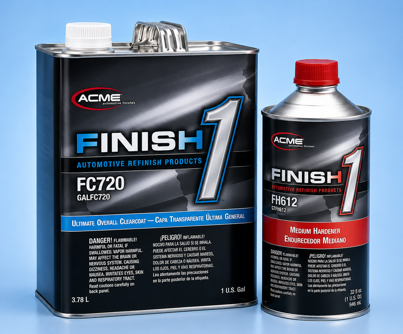 A large metal can of Acme Finish 1 clearcoat next to a smaller can of medium hardener.