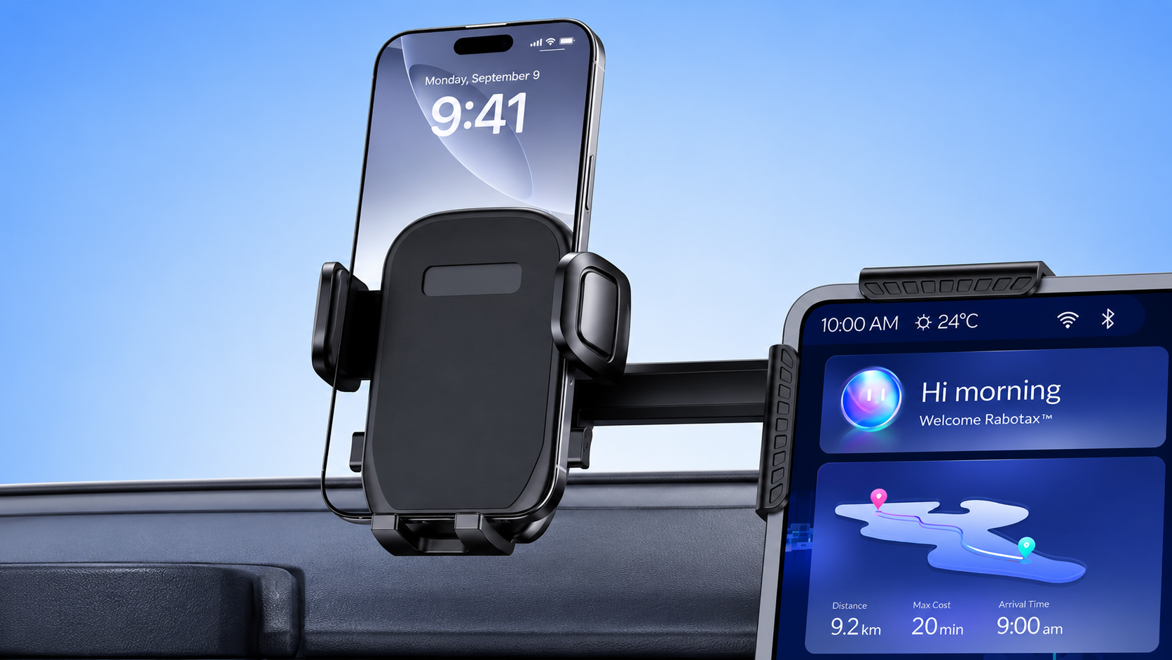 An adjustable cradle car phone mount clamped to a dashboard navigation screen.