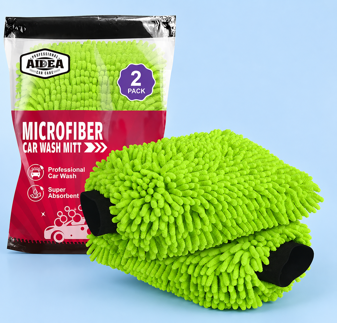 A two-pack of AIDEA bright green chenille microfiber car wash mitts on a light blue background.
