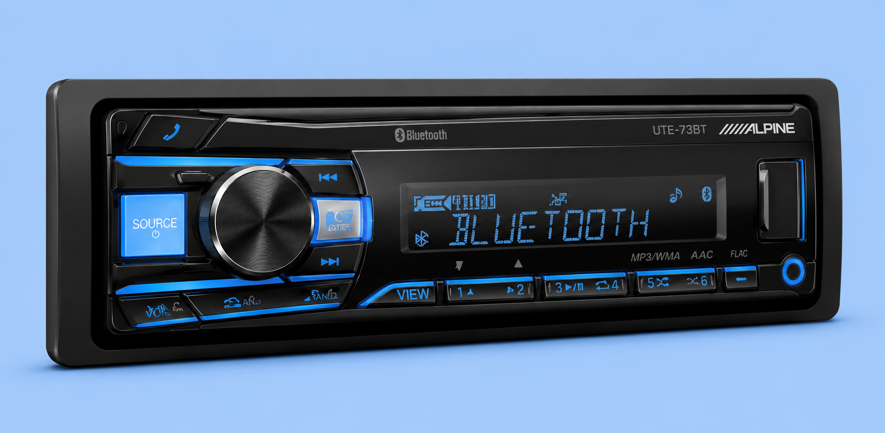An Alpine single-DIN car stereo receiver with Bluetooth display on a blue background.