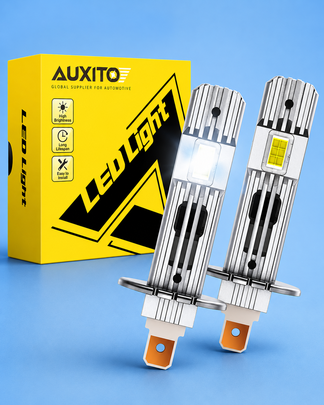Auxito H1 LED headlight bulbs and yellow packaging box.