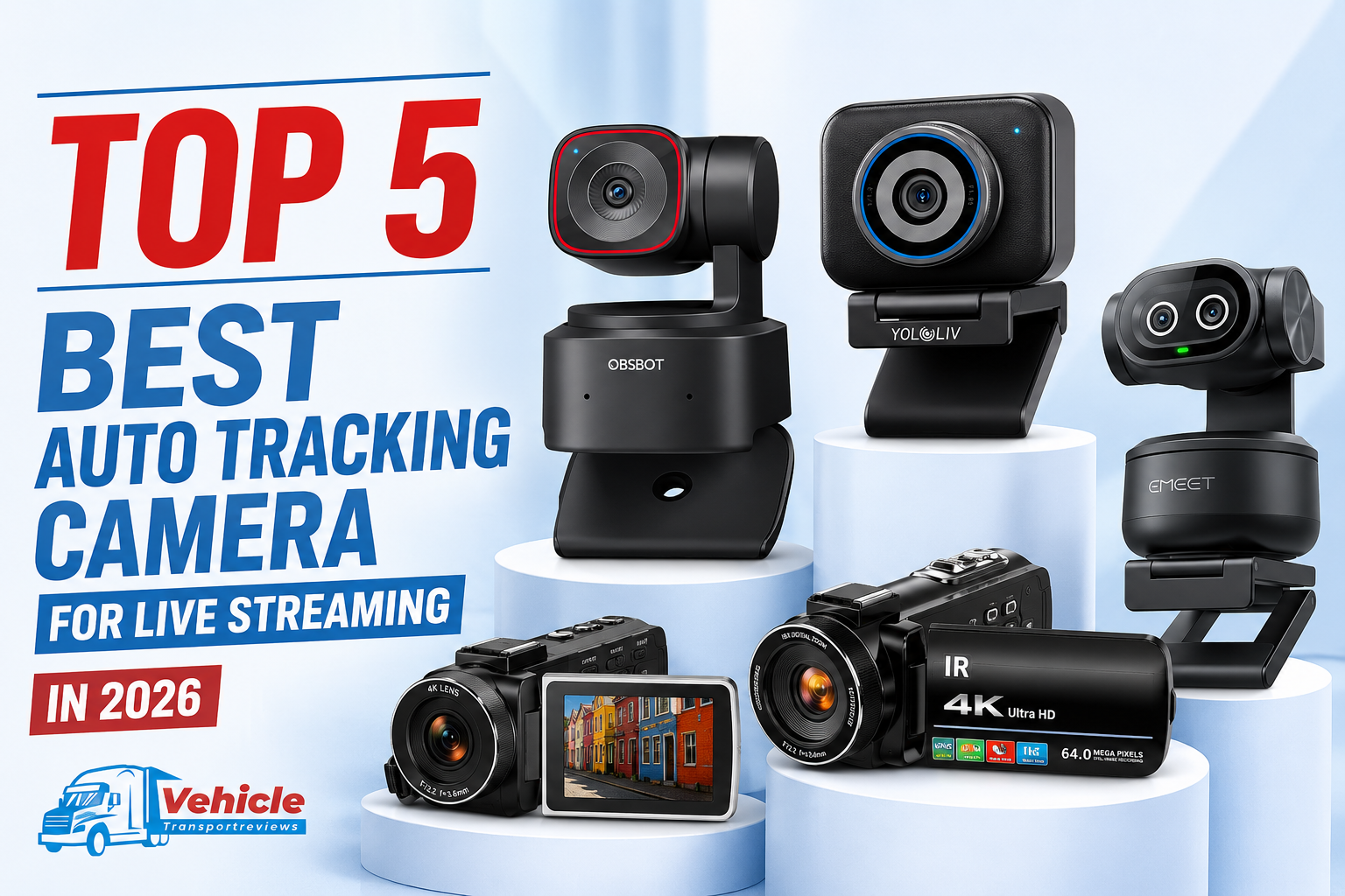 Promotional banner for top auto tracking cameras for live streaming featuring Obsbot, Yololiv, and eMeet.