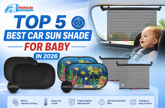 Promotional banner highlighting the top car sun shades for babies featuring various mesh and cartoon designs.