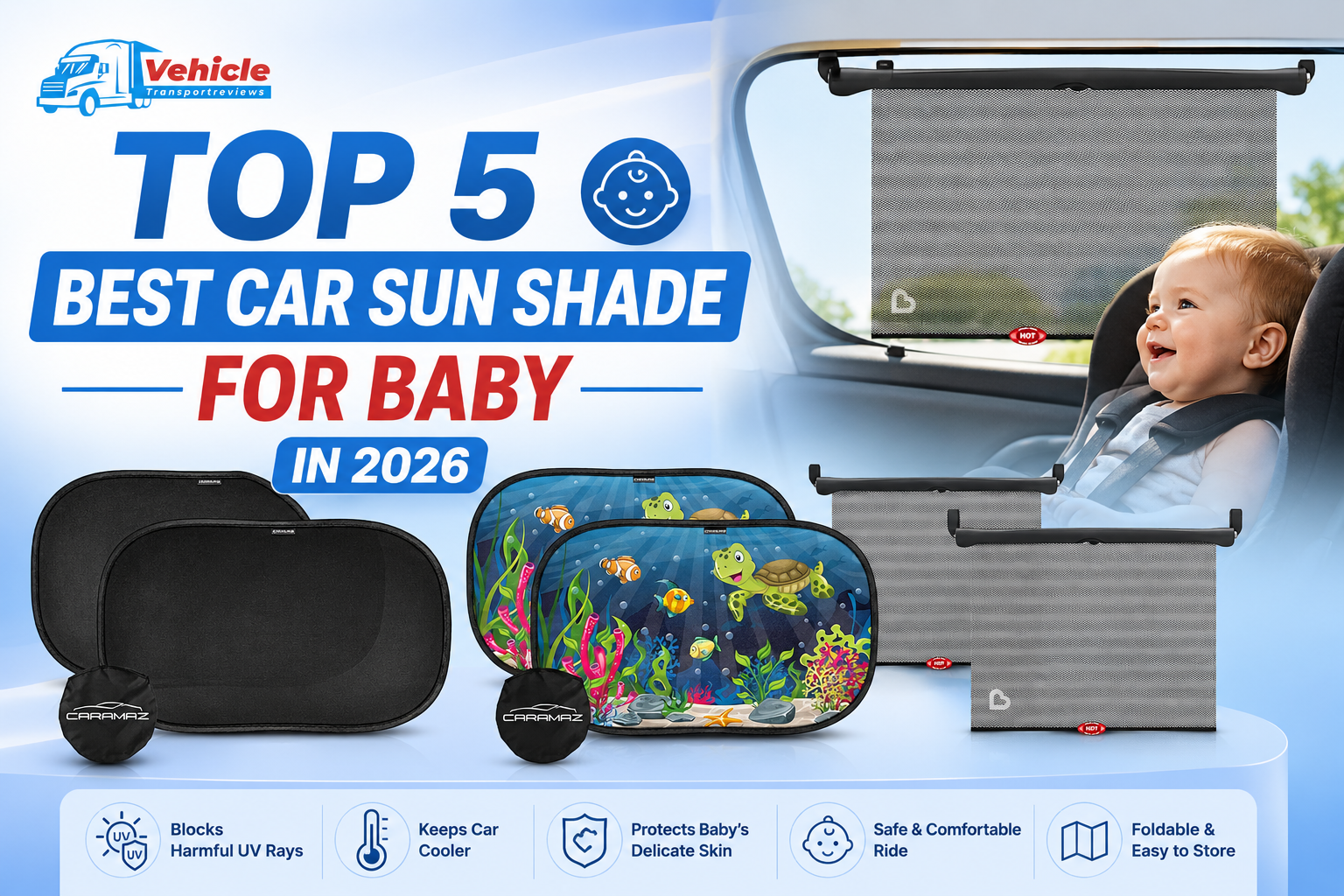 Promotional banner highlighting the top car sun shades for babies featuring various mesh and cartoon designs.