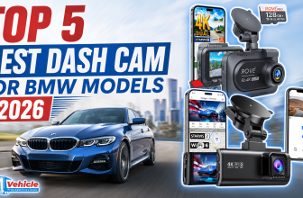 Promotional banner showcasing top dash cams alongside a blue BMW driving on the road.