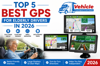 Promotional banner for 2026 senior GPS devices featuring an elderly woman driving.