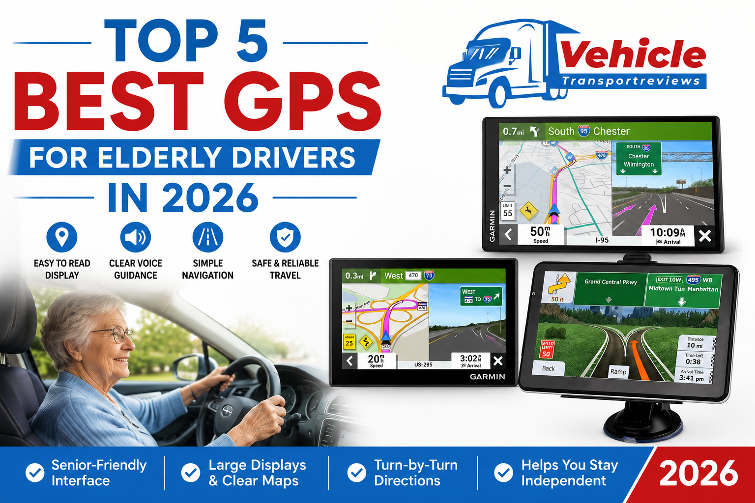 Promotional banner for 2026 senior GPS devices featuring an elderly woman driving.