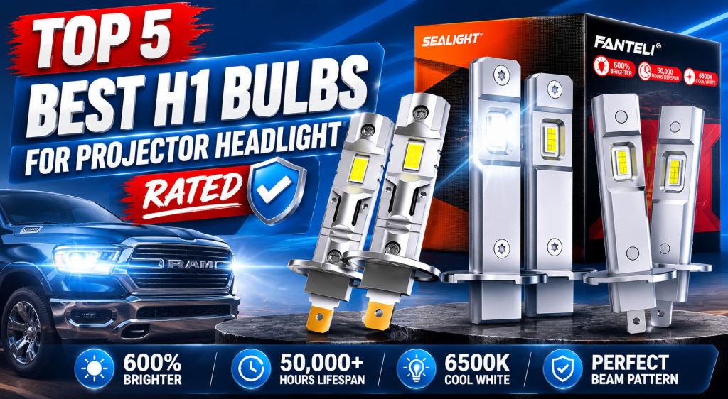Promotional banner highlighting top rated H1 LED bulbs for projector headlights.