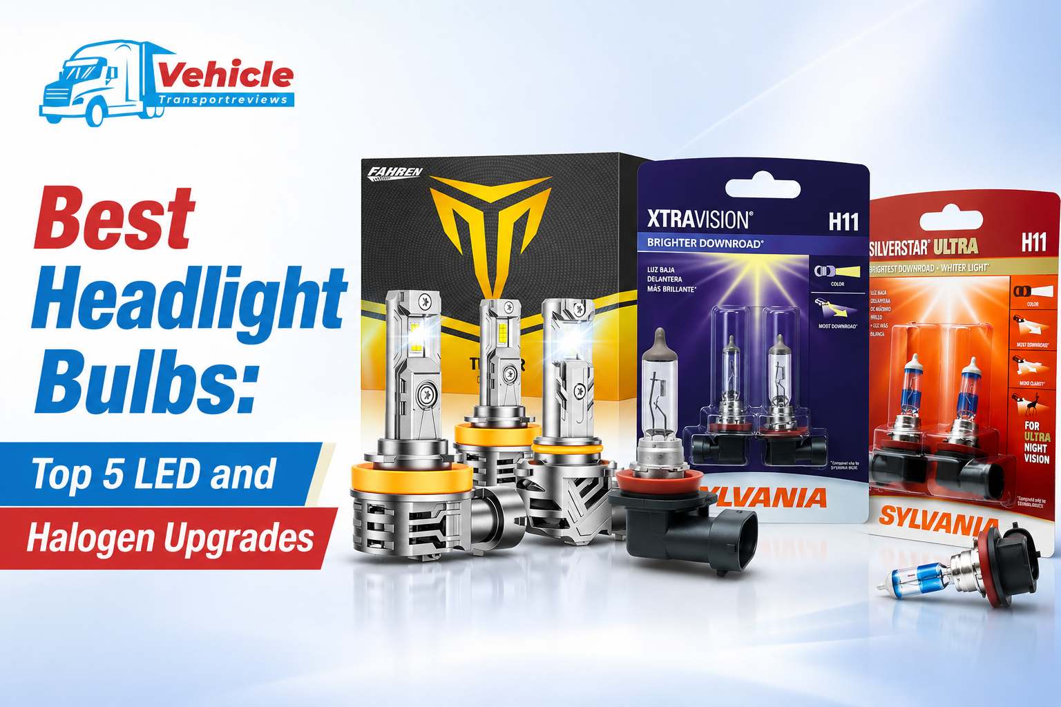 Promotional graphic featuring various top LED and halogen headlight bulbs from Fahren and Sylvania.
