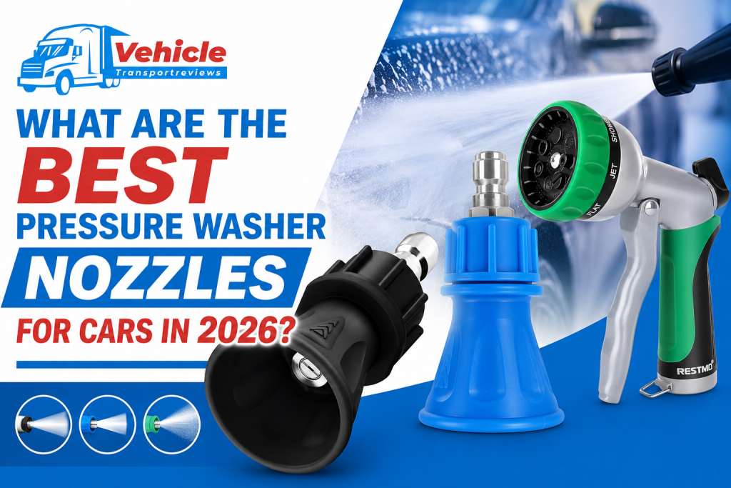 Promotional banner about the best pressure washer nozzles for cars, featuring various spray attachments and a multi-pattern hose nozzle against a car washing background.