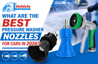 Promotional banner about the best pressure washer nozzles for cars, featuring various spray attachments and a multi-pattern hose nozzle against a car washing background.