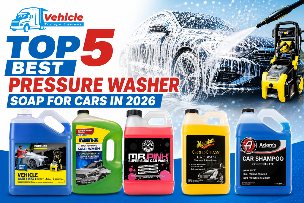 Promotional banner showing the top five car soaps alongside a vehicle covered in foam.