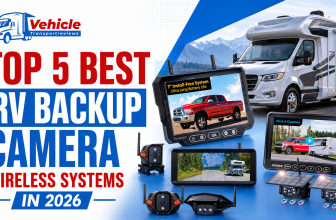 Promotional banner for wireless RV backup cameras, showcasing multiple digital monitor screens, small camera units, and a large white motorhome parked on a scenic road.
