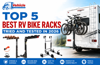 Promotional banner showcasing the top 5 best RV bike racks for 2026, featuring mountain bikes mounted on the back of a motorhome parked near a lake.