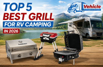 Promotional banner for 2026 RV camping grills featuring portable griddles and a motorhome by a lake.