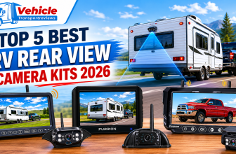 Promotional banner displaying top RV rear view backup camera kits.
