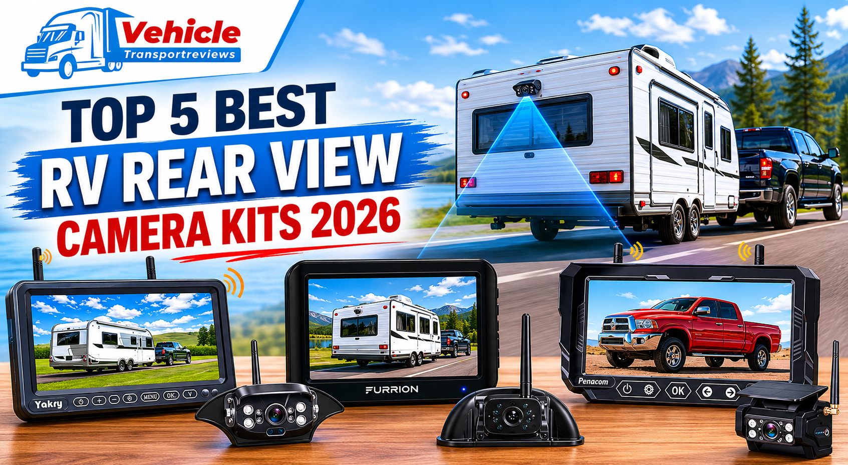 Promotional banner displaying top RV rear view backup camera kits.