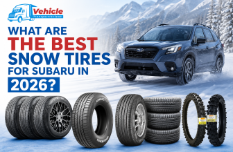 Promotional banner about the best snow tires for Subaru, featuring a blue SUV driving on a snowy mountain road with a lineup of various vehicle tires.