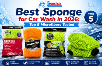 Promotional graphic titled "Best Sponge for Car Wash in 2026," showcasing top microfiber wash mitts and pads like Armor All and Chemical Guys.
