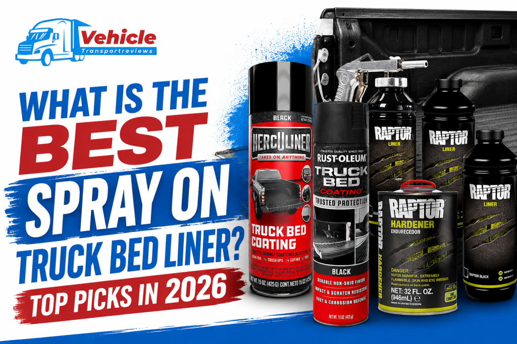 Promotional banner for 2026 spray-on truck bed liners featuring Herculiner, Rust-Oleum, and Raptor products.