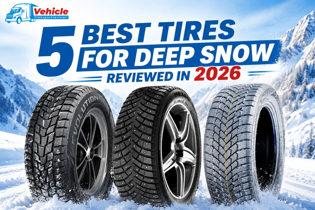Promotional banner featuring three winter tires set against a snowy mountain background.
