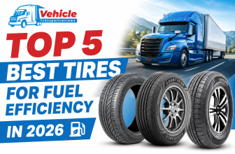 Promotional banner showcasing top tires for fuel efficiency alongside a blue semi-truck on the highway.