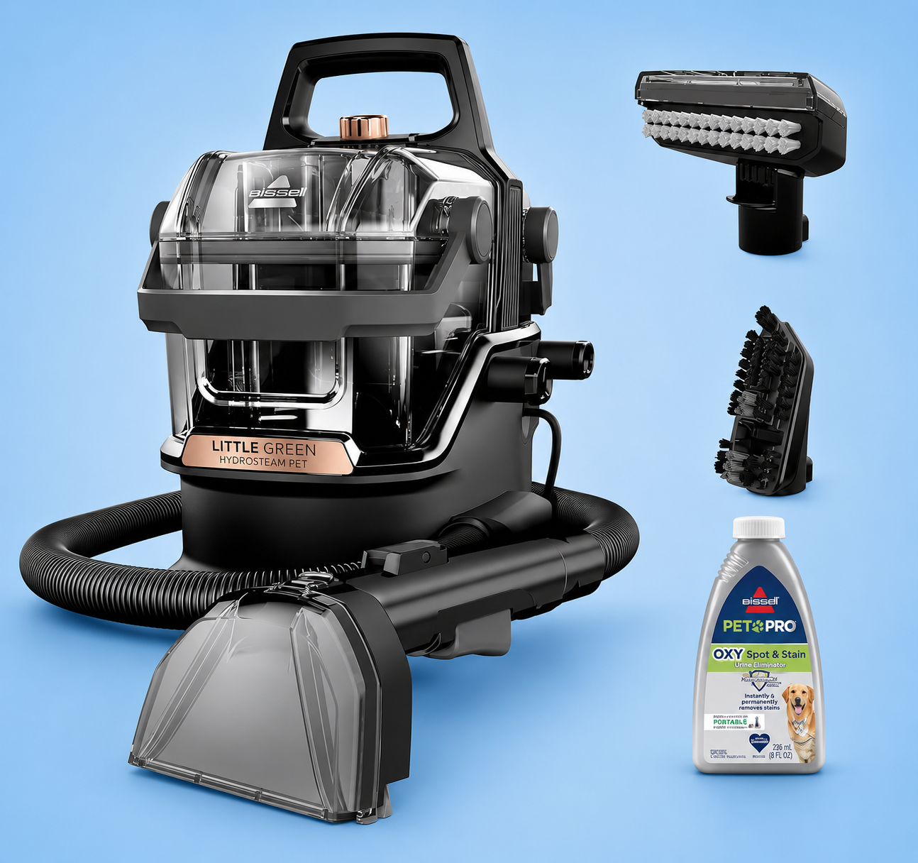 Bissell Little Green HydroSteam Pet portable carpet cleaner with cleaning solution bottle and specialized brush attachments.