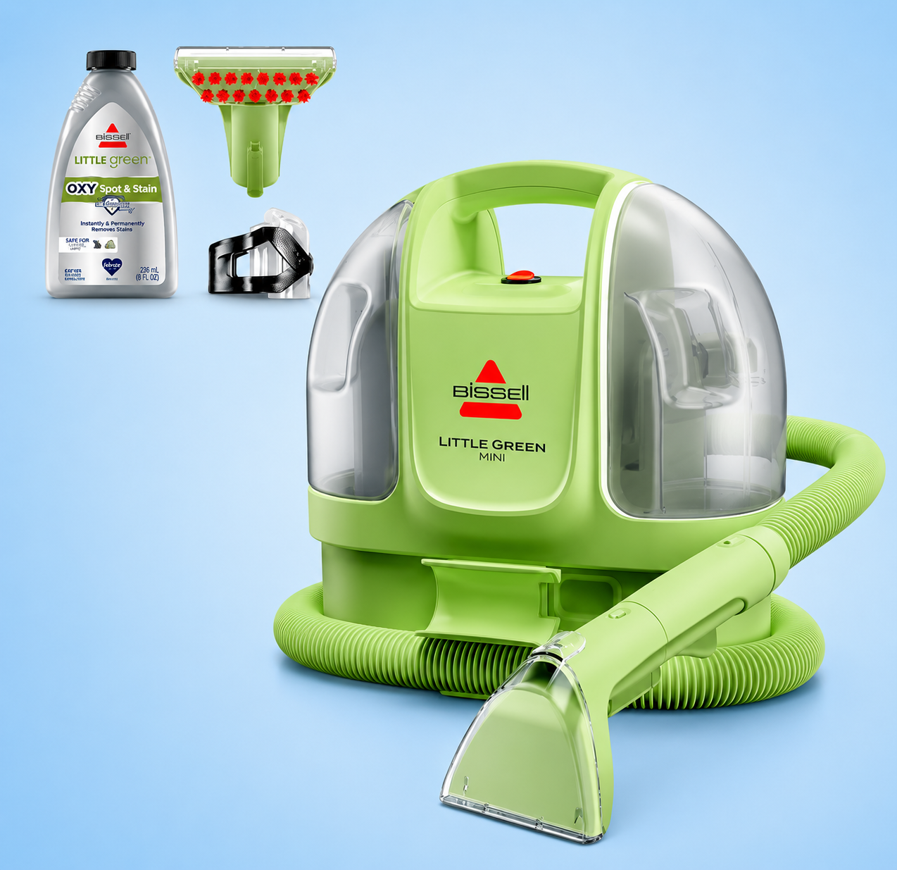 Bissell Little Green Mini portable carpet cleaner with spot cleaning formula bottle and attachments.