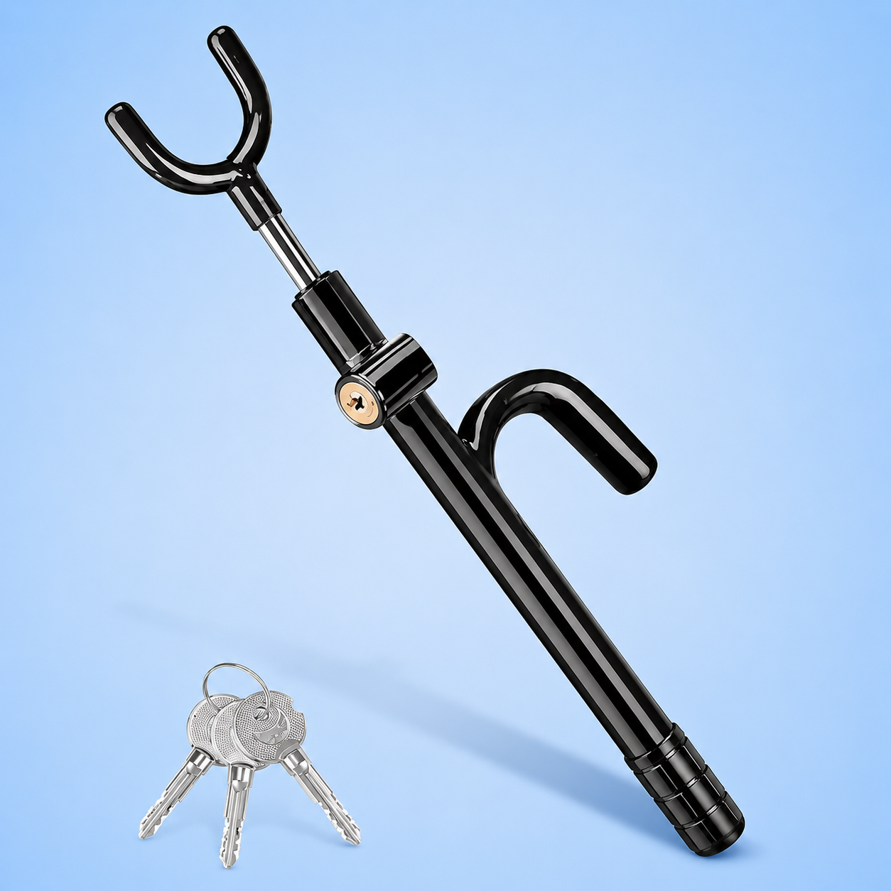 Black anti-theft steering wheel lock with keys on a blue background.