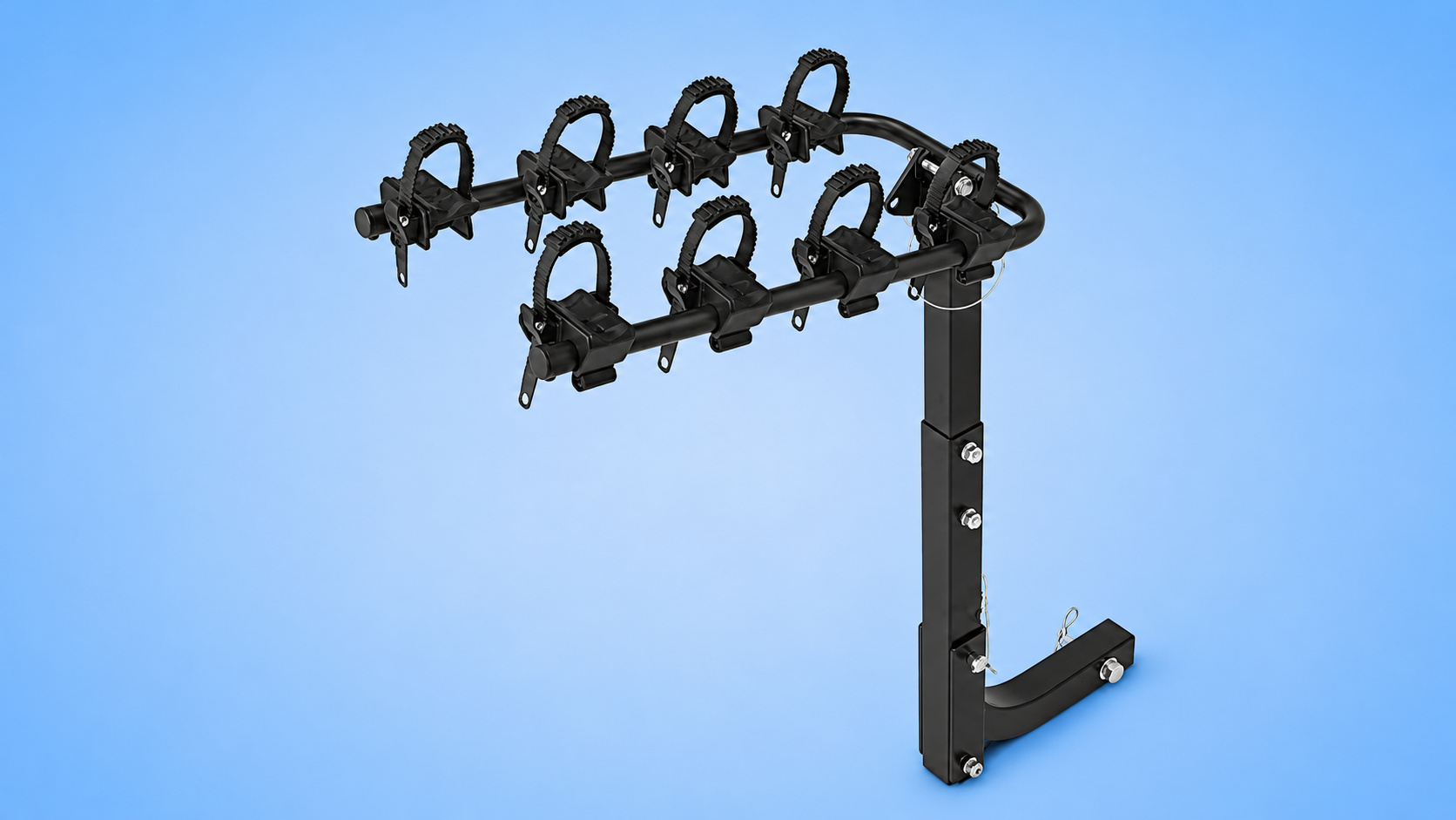 An all-black hitch-mounted 4-bike rack with dual support arms and adjustable straps against a blue background.