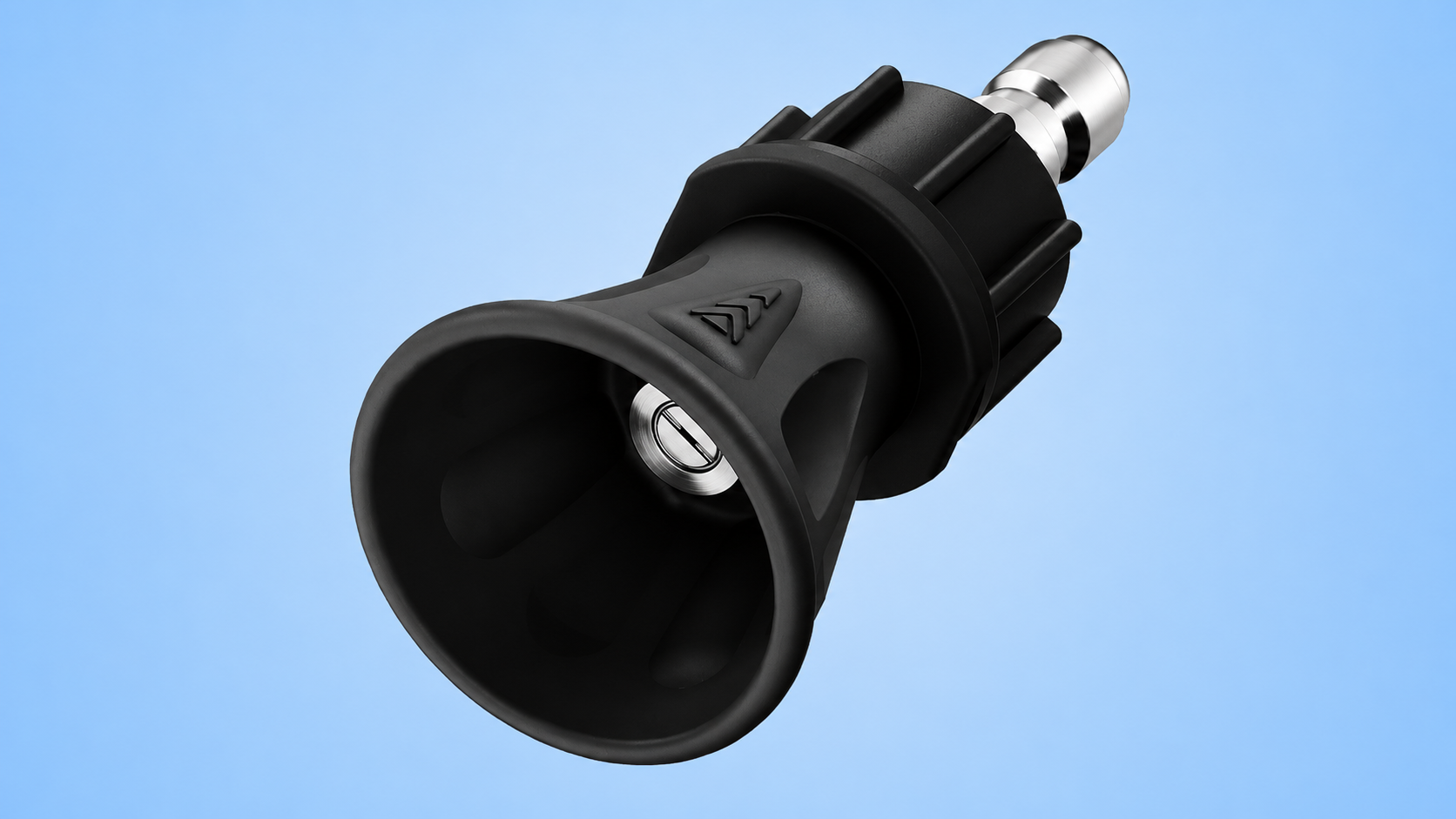 A black pressure washer turbo nozzle attachment with a quick-connect plug against a blue background.