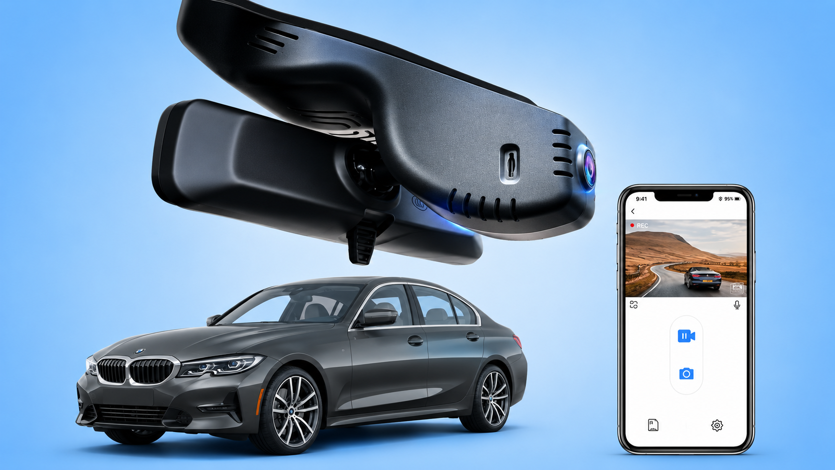 An integrated OEM-style dash cam for a BMW shown with a gray sedan and a smartphone app.