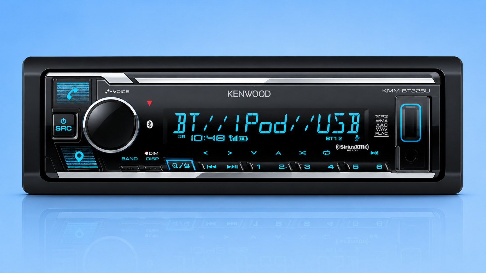 A Boss Audio Systems 626UAB single-DIN car stereo receiver with blue illumination displaying 