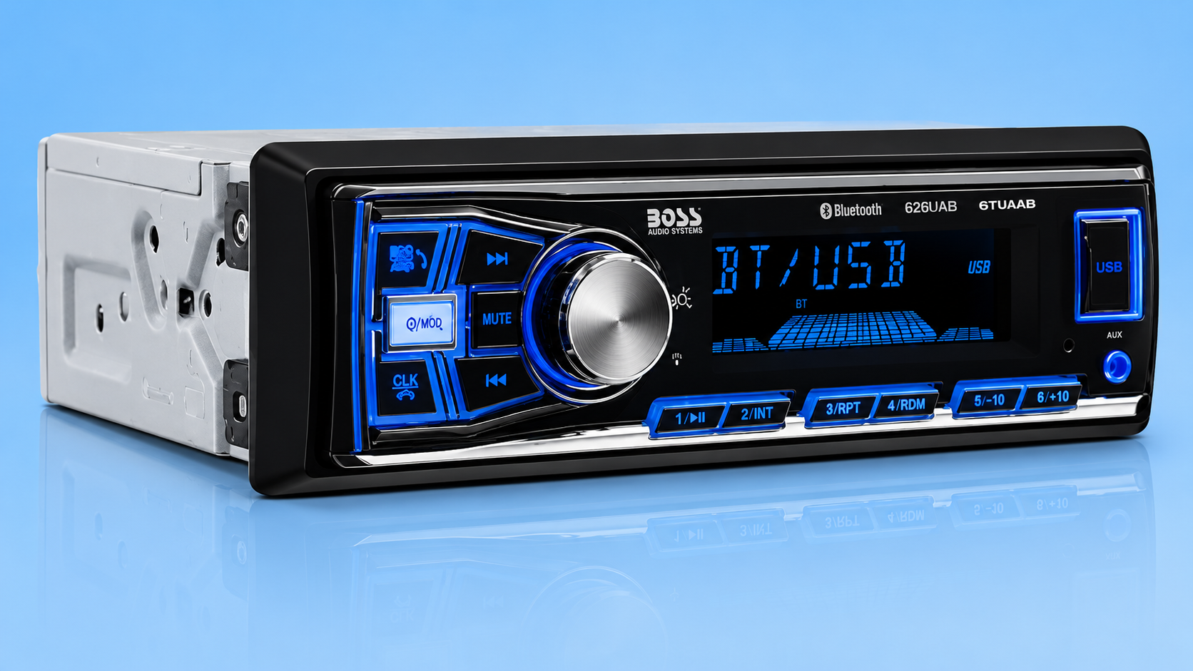 A Boss Audio Systems 626UAB single-DIN car stereo receiver with blue illumination displaying 