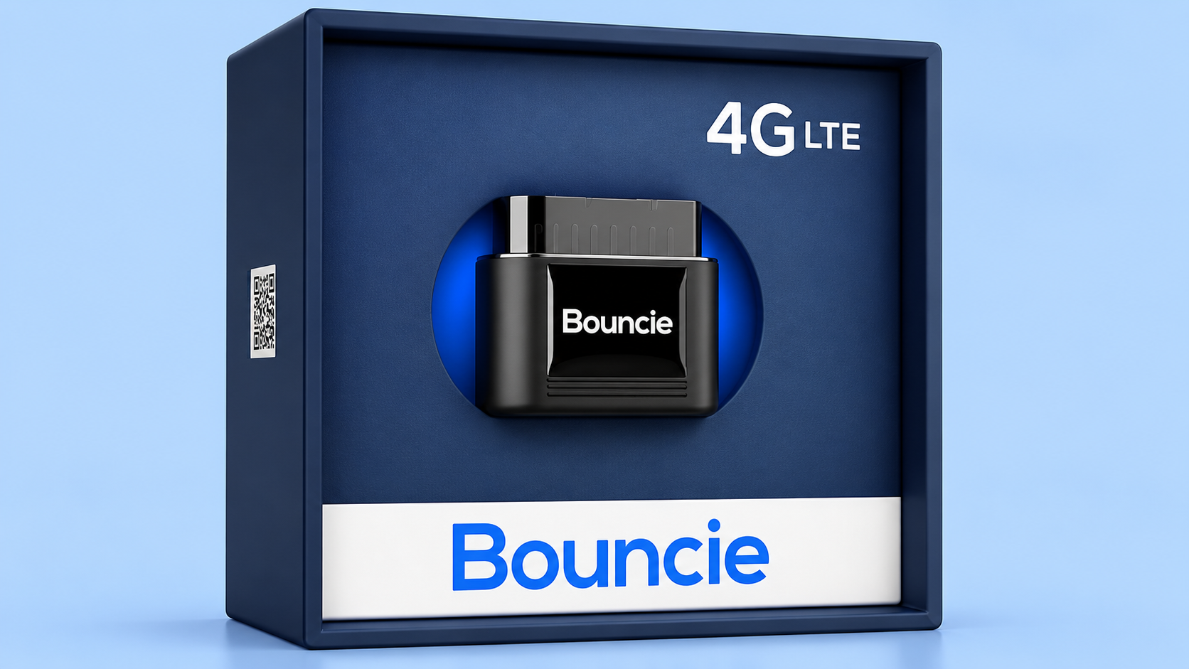 A Bouncie 4G LTE vehicle GPS tracker in its original box packaging.