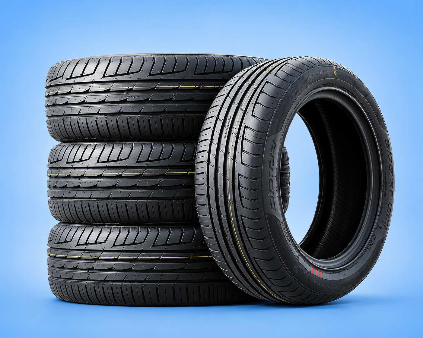 A stack of three car tires next to an upright performance tire on a blue background.