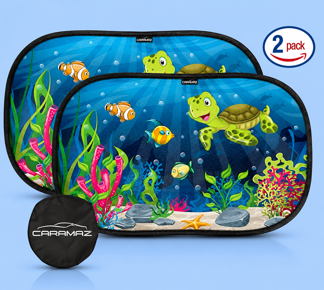 A two-pack of Caramaz car window sun shades with a cartoon underwater ocean design and a storage pouch.