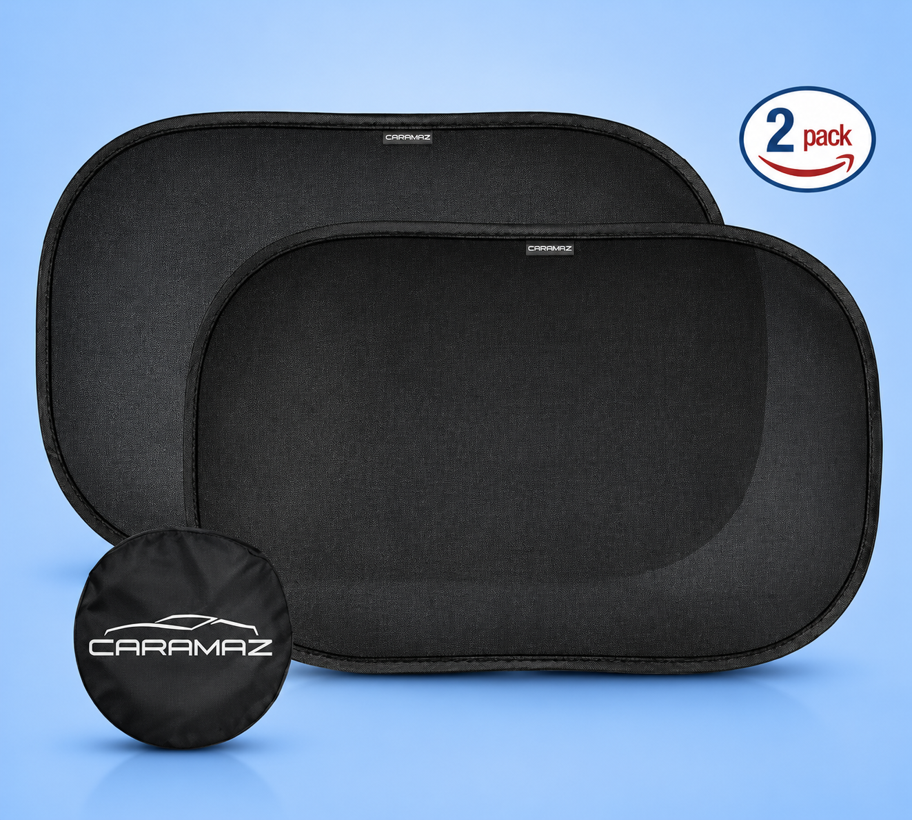 A two-pack of Caramaz car window sun shades with a storage pouch on a blue background.